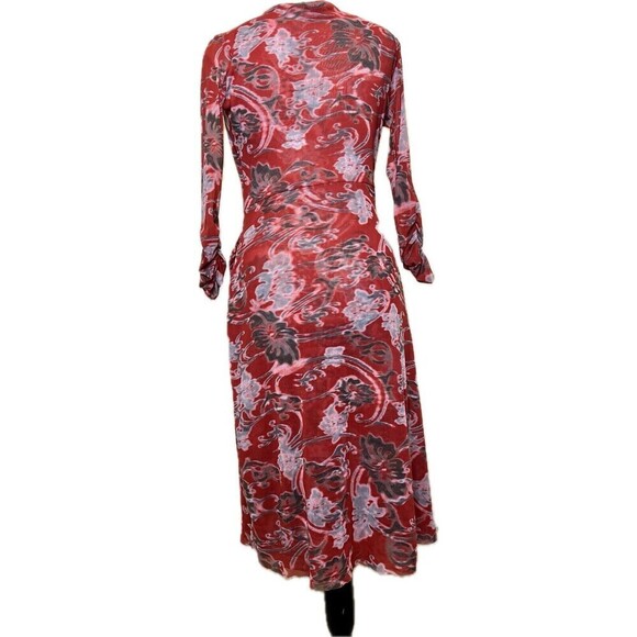 Kokoon Women’s Ruched Sleeve Raw Edge Floral Red Stretchy V-neck Wrap‎ Dress S - Picture 2 of 12